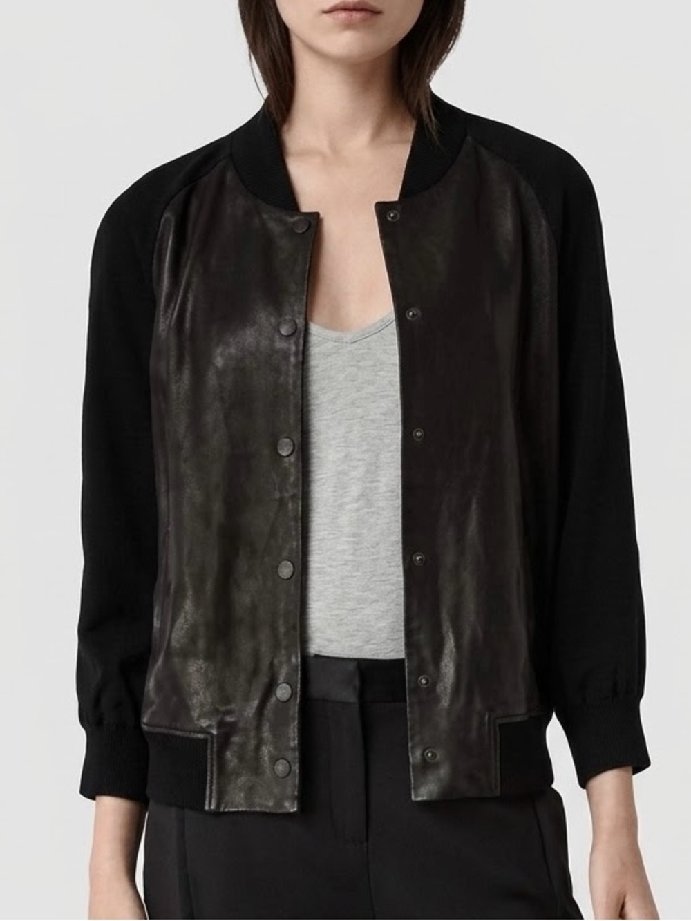 AllSaints Black Leather-Front Bomber Jacket
